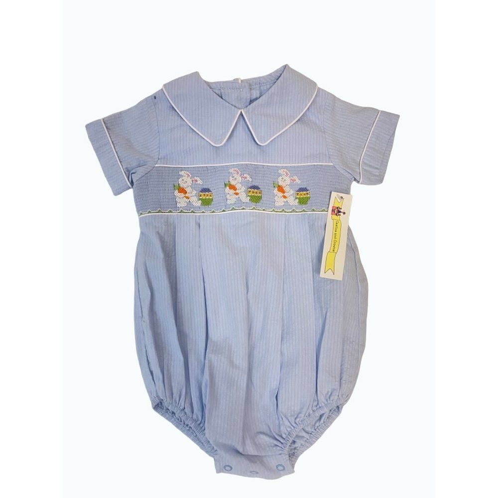 Blue Baby Bubble Romper with Easter Bunny Smocking